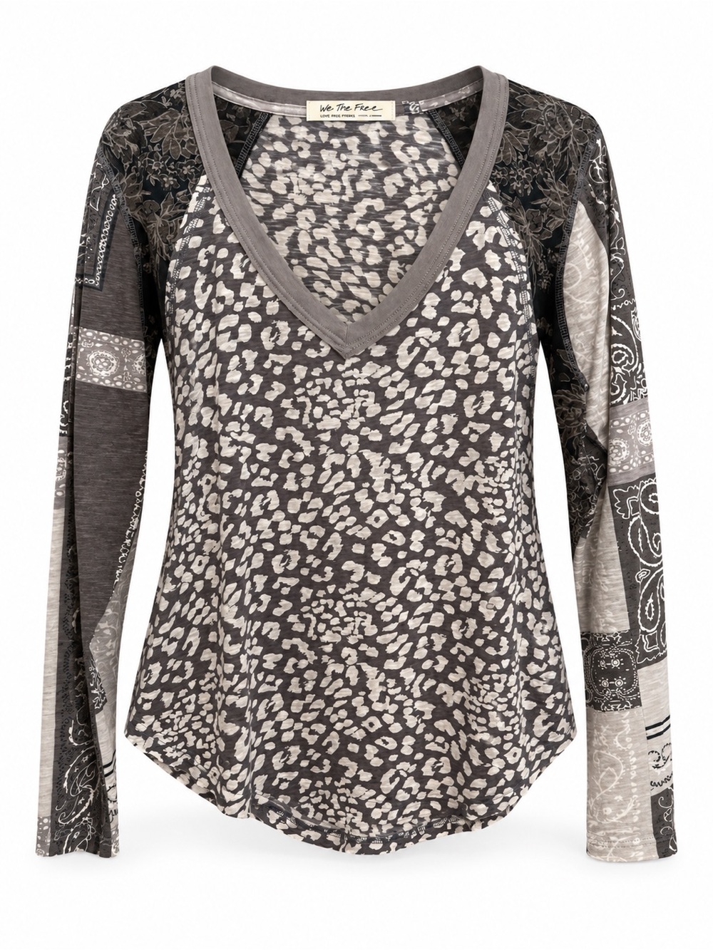 Free People We The Free Leopard Patchwork Bandana Long Sleeve Top Size Large